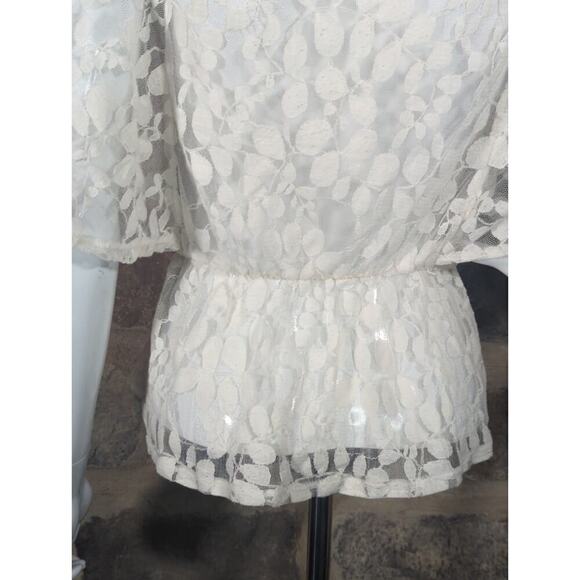 Derek Heart Top Sheer Lace Peplum Hem White Flutter Sleeve Woman's Size Medium - Picture 7 of 11